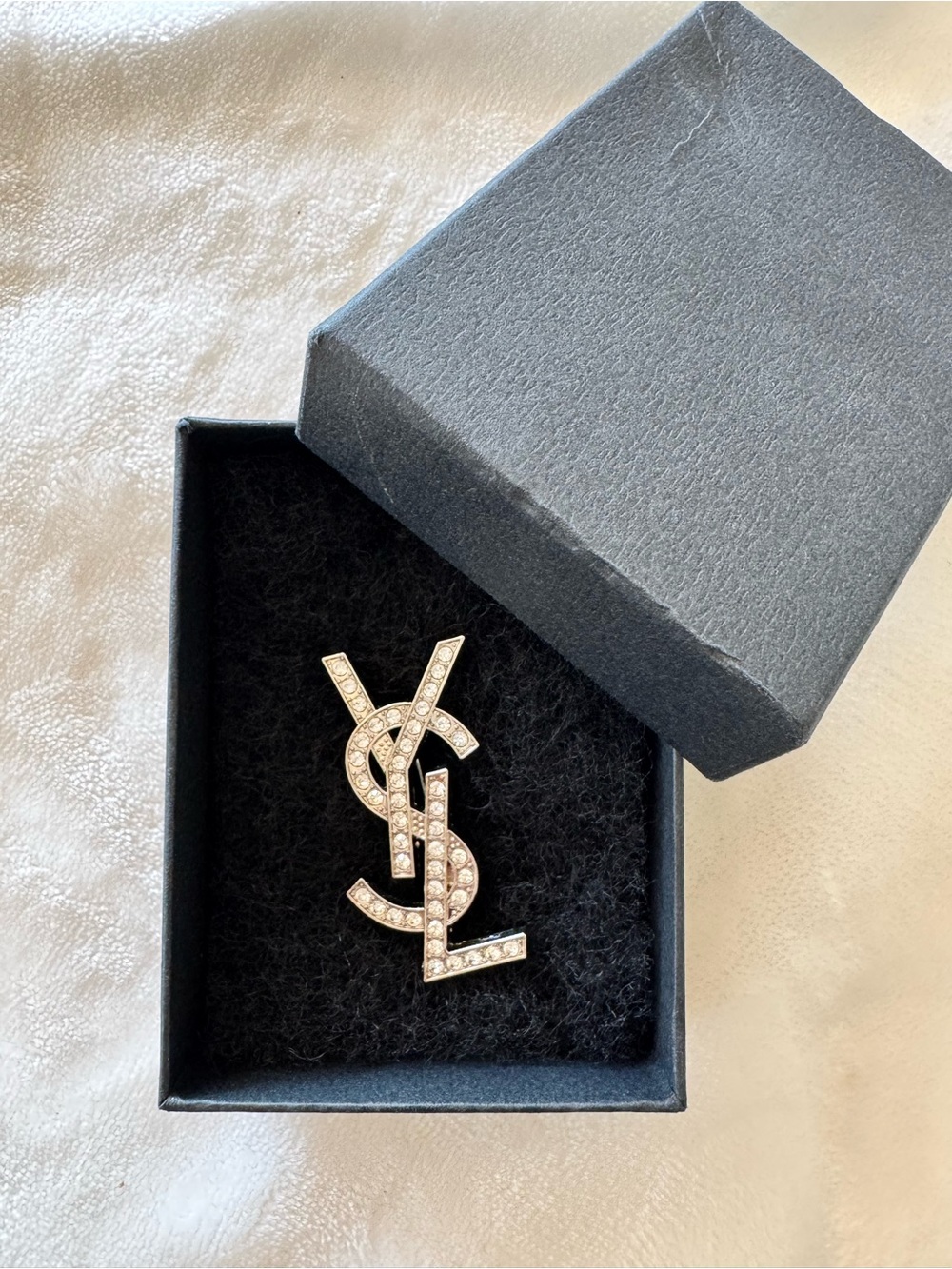 Saint Laurent Crystal-Embellished Logo Pin Brooch in Silver (not gold)